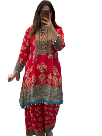 Plus Size Red Satin Silk Printed Mirror Work Kurti Palazzo Set - BONYHUBSALWAR KAMEEZ