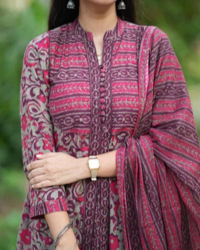 Earthy Printed Cotton Long Anarkali Set - BONYHUBSALWAR KAMEEZ
