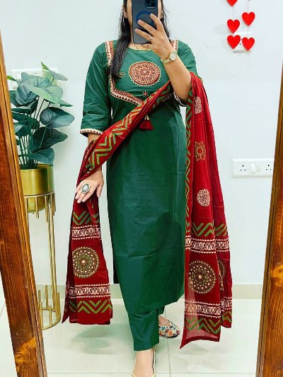 Bottle Green Cotton Handwork Salwar Suit With Red Dupatta - BONYHUBSALWAR KAMEEZ