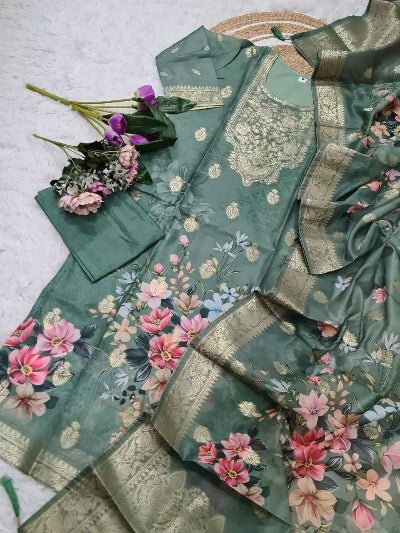 Emerald Green Floral Chanderi Jacquard Salwar Suit Set - BONYHUBSALWAR KAMEEZ