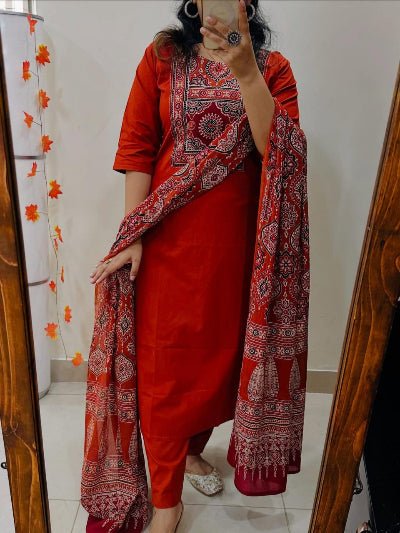 Red Cotton Jaipuri Printed Straight Suit Set - BONYHUBSALWAR KAMEEZ