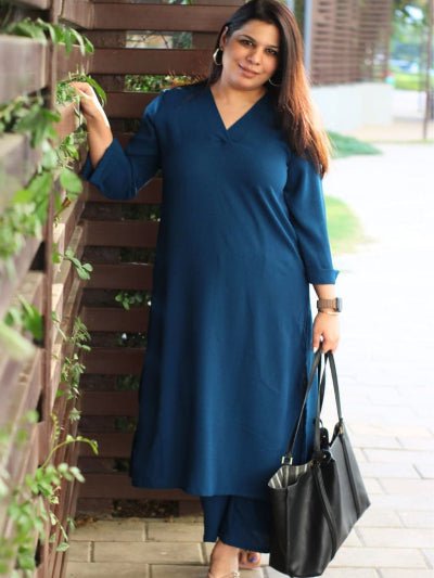 Peacock Blue Plain Cotton Kurti Pant Set Of 2 - BONYHUBSALWAR KAMEEZ
