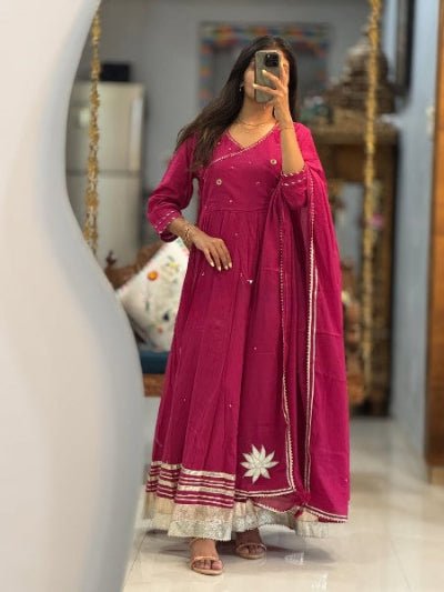 Magenta Pink Mirror Work Cotton Embroidery Anarkali Suit Set - BONYHUBSALWAR KAMEEZ