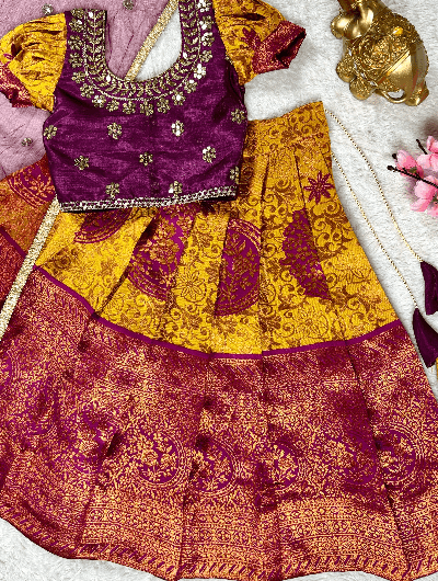 Festive Maroon Mango Yellow Kids Lehenga Choli Set UK Next Day - BONYHUBClothing