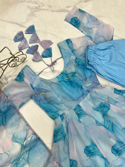 Frosted Misty Blue Printed Anarkali Suit Set - BONYHUBSALWAR KAMEEZ