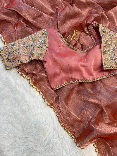 Glass Tissue Silk Saree With Readymade Stitched Blouse - BONYHUBSAREE