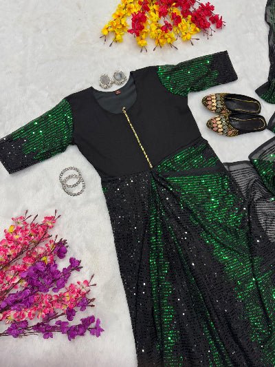 Green & Black Sequins Zip & Go 10 Second Saree Gown - BONYHUBSAREE