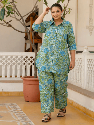 Green Collar Cotton Kurti Trouser Set of 2 - BONYHUBsalwar suit