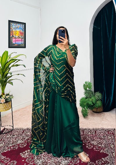 Green Foil Work Ethnic Readymade Saree Gown UK Next Day - BONYHUBSAREE