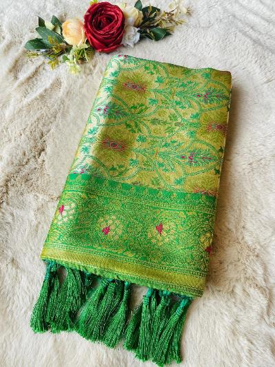 Green Pure Luxury Banarasi Silk Wedding Saree UK Next Day - BONYHUBSAREE