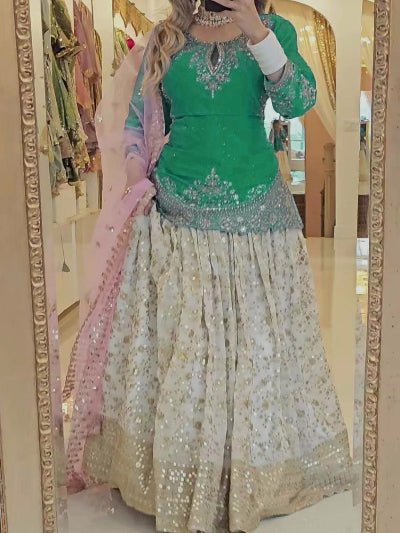 Green & White Chinon Silk Partywear Lehenga Kurti Suit Set - BONYHUBSALWAR KAMEEZ