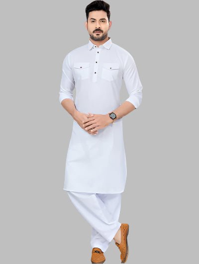 Grey Blue Men Cotton Pathani Kurta Pajama Set - BONYHUBMEN KURTA