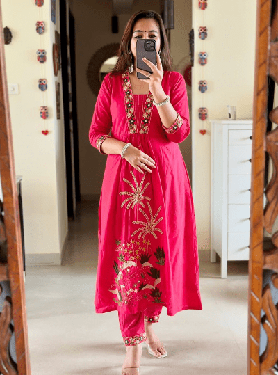 Hot Pink Designer Cotton Anarkali Suit (Set of 3) - BONYHUBSALWAR KAMEEZ