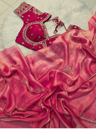 Hot Pink silk saree with Readymade Blouse Free - BONYHUBSAREE