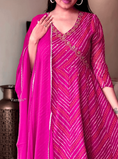 Hot Red Bandhani Cotton Anarkali Suit (Set of 3) - BONYHUBSALWAR KAMEEZ