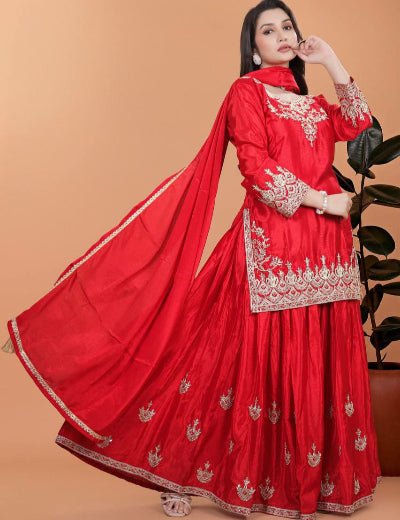 Hot Red Chinon Silk Embroidery Sharara Palazzo Suit Set - BONYHUBSALWAR KAMEEZ