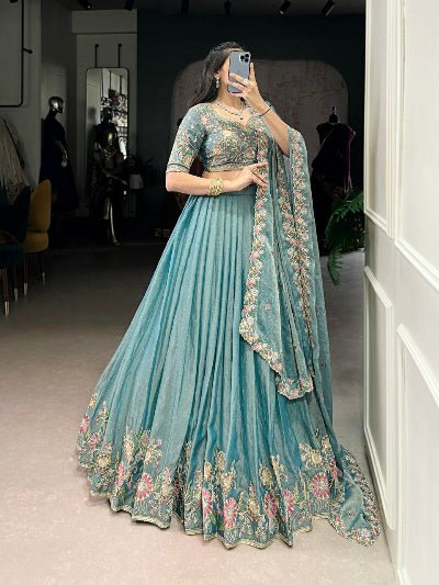 Ice Blue Zari Shimmer Sequin Embroidered Lehenga Choli Set - BONYHUBSALWAR KAMEEZ