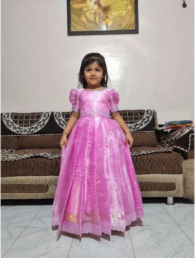 Kids Candy Pink Silk Embroidered Gown with Swarovski Work - BONYHUB