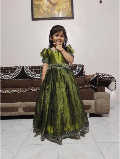 Kids Mehndi Green Silk Embroidered Gown with Swarovski Work - BONYHUB