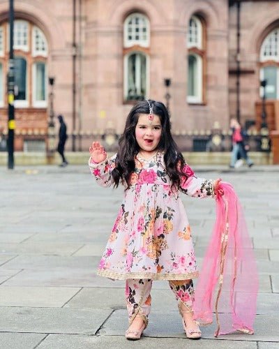 Kids Pink Floral Georgette Digital Print Dhoti Salwar Suit - BONYHUBClothing