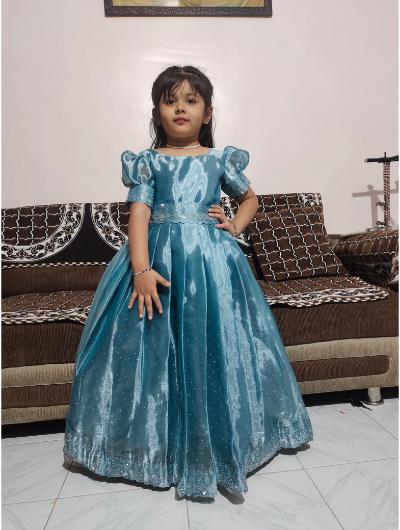 Kids Teal Blue Silk Embroidered Gown with Swarovski Work - BONYHUB