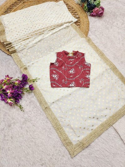 Kids White Maroon Traditional Ready to wear Saree & Stitched Blouse UK Next Day - BONYHUBLehangas