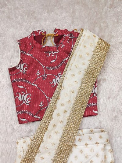 Kids White Maroon Traditional Ready to wear Saree & Stitched Blouse UK Next Day - BONYHUBLehangas