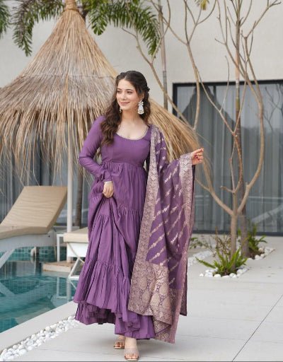Lavender Flair Anarkali Suit With Jacquard Banarasi Dupatta - BONYHUBSALWAR KAMEEZ