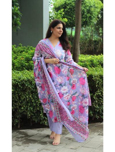 Lavender Hand Work Printed Salwar Suit (Set of 3) - BONYHUBSALWAR KAMEEZ