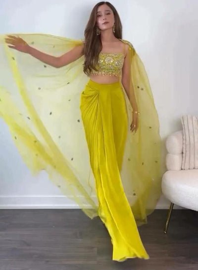 Lemon Yellow Chinon Silk Dhoti, Shrug & Choli Set UK Next Day - BONYHUBSALWAR KAMEEZ