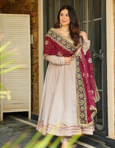 Light Beige Anarkali Gown Suit With Maroon Dupatta - BONYHUBSALWAR KAMEEZ