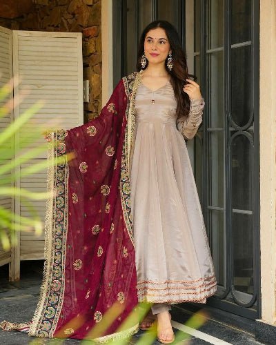 Light Beige Anarkali Gown Suit With Maroon Dupatta - BONYHUBSALWAR KAMEEZ