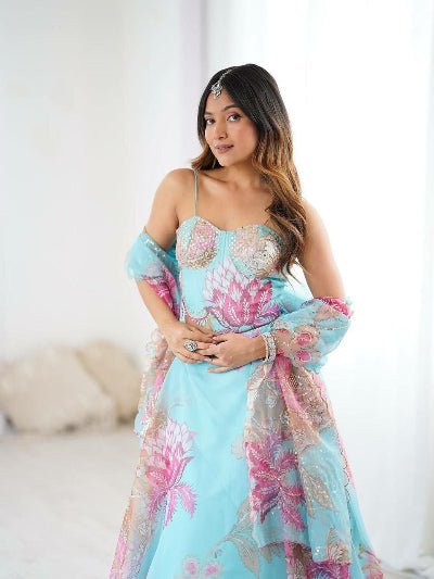 Light Blue Floral Organza Lehenga Choli Set - BONYHUBSALWAR KAMEEZ
