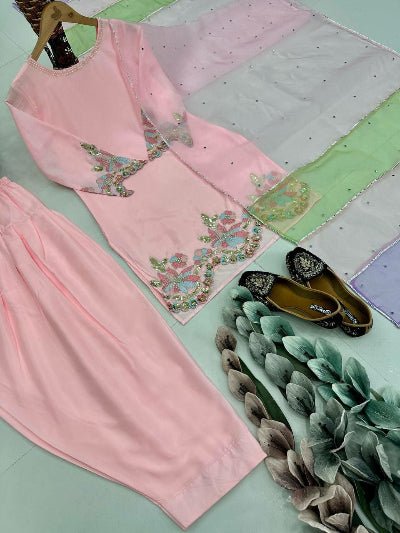 Light Pink Crepe Farshi Suit Set with Pearl & Mirror Handwork - BONYHUBSALWAR KAMEEZ