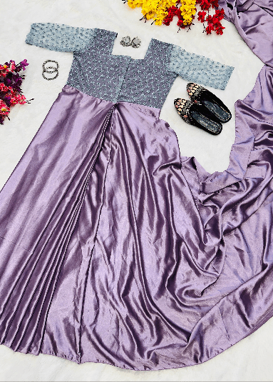 Lilac 10 Second Saree Satin Ethnic Gown Stitched Blouse - BONYHUBSAREE