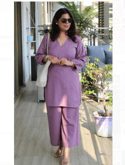 Lilac Petite Plain Cotton Kurta Pant Suit for Women - BONYHUBSALWAR KAMEEZ