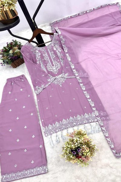 Lilac Pink Georgette Bell Sleeves Sharara Palazzo Suit Set - BONYHUBSALWAR KAMEEZ