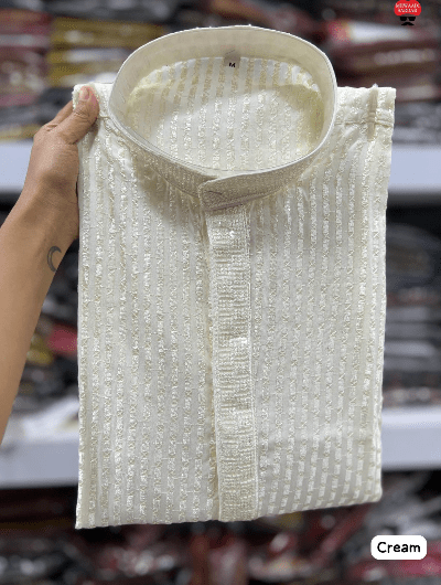 Lime Cream Designer Ethnic Men Kurta Pyjama - BONYHUBMEN KURTA