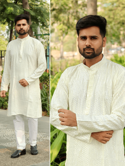 Lime Cream Designer Ethnic Men Kurta Pyjama - BONYHUBMEN KURTA