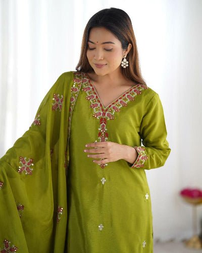 Lime Green Luxury Chinnon Silk Embroidered Suit Set - BONYHUBSALWAR KAMEEZ