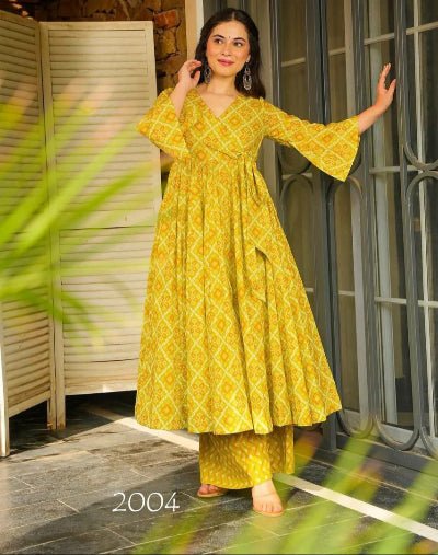 Lime Yellow Angharakha Style Anarkali Pant Set Of 2 - BONYHUBSALWAR KAMEEZ