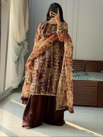 Luxury Brown Floral Moti Work Sharara Palazzo Suit Set - BONYHUBSALWAR KAMEEZ