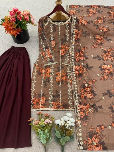 Luxury Brown Floral Moti Work Sharara Palazzo Suit Set - BONYHUBSALWAR KAMEEZ