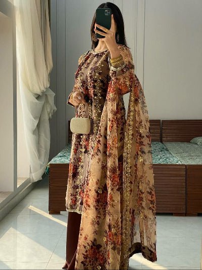 Luxury Brown Floral Moti Work Sharara Palazzo Suit Set - BONYHUBSALWAR KAMEEZ