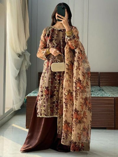 Luxury Brown Floral Moti Work Sharara Palazzo Suit Set - BONYHUBSALWAR KAMEEZ
