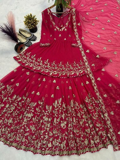 Magenta Pink Khediya Style Kurti, Lehenga Dupatta Set - BONYHUBSALWAR KAMEEZ