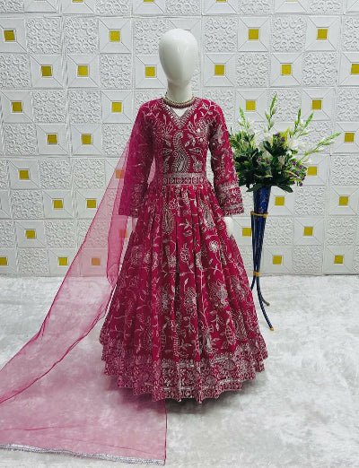 Magenta Pink Kids Sequins Embroidered Gown with Dupatta - BONYHUBLehangas