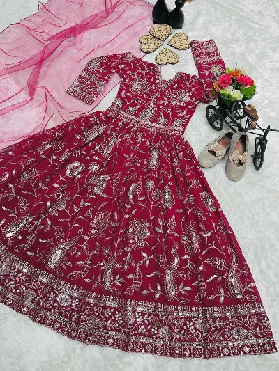 Magenta Pink Kids Sequins Embroidered Gown with Dupatta - BONYHUBLehangas