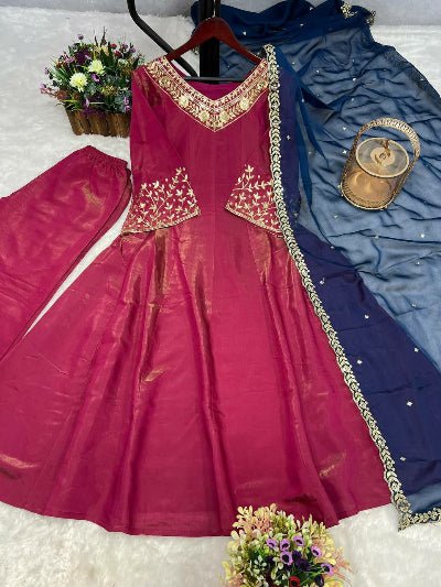 Magenta Roman Silk Beautiful Embroidered Anarkali Suit Set - BONYHUBSALWAR KAMEEZ
