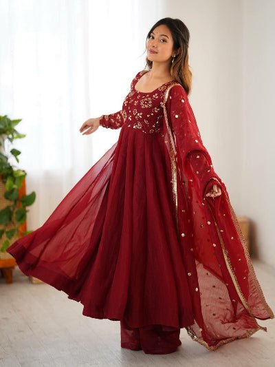 Maroon Crunchy Silk Flair Anarkali Suit Set - BONYHUBSALWAR KAMEEZ